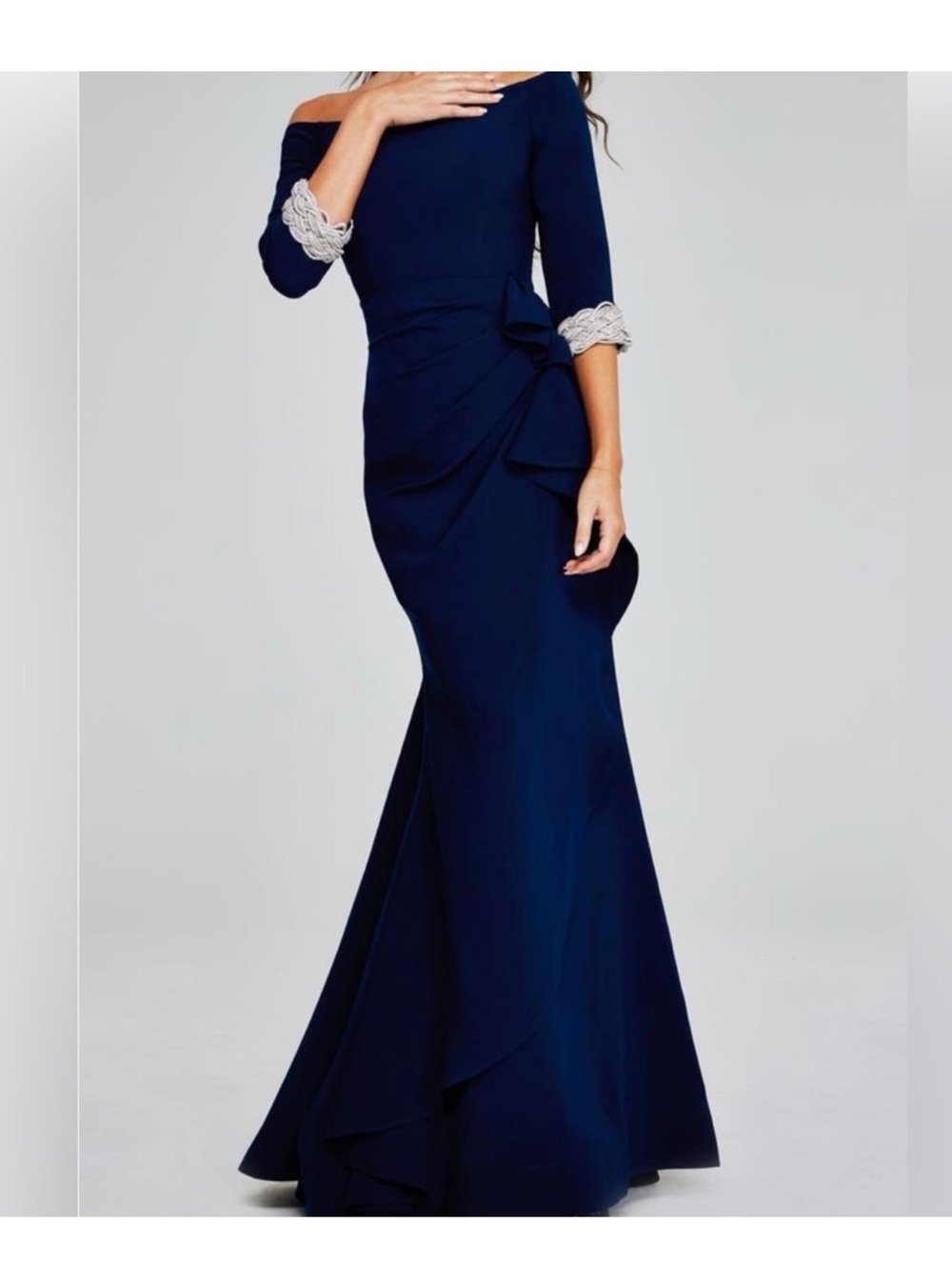 Jovani Navy Long-Sleeve Evening Gown with Beaded Cuffs MOB dress